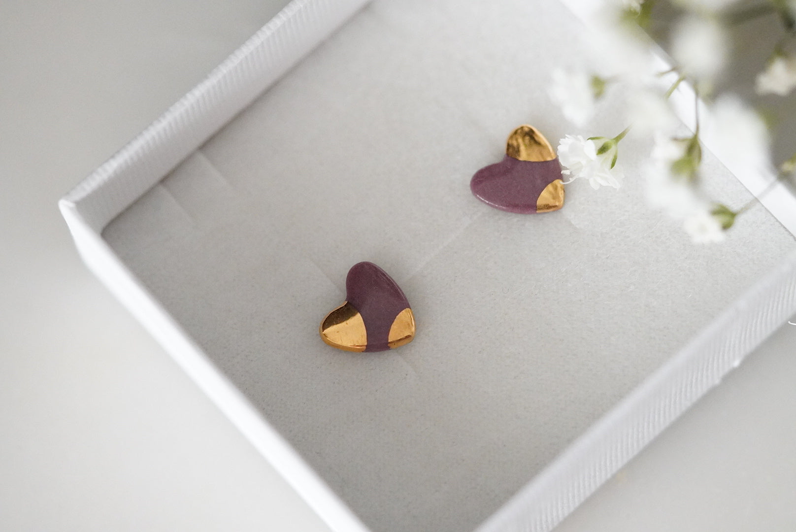 Heart Earrings with Purple Base & Golden Patterns