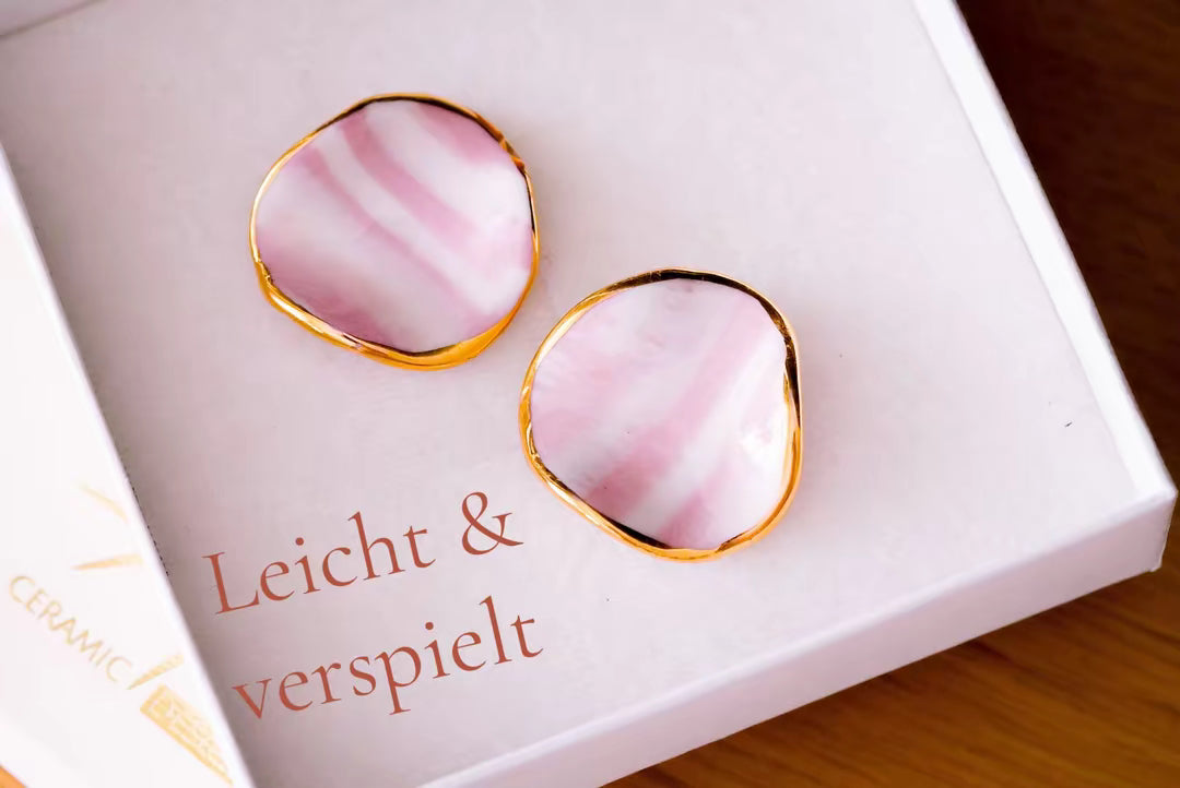 Wave Earrings in Soft Pink Stripes & Golden Rim