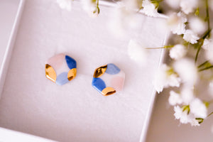 Hexagon Earrings in Blues & Blush Golden Eges