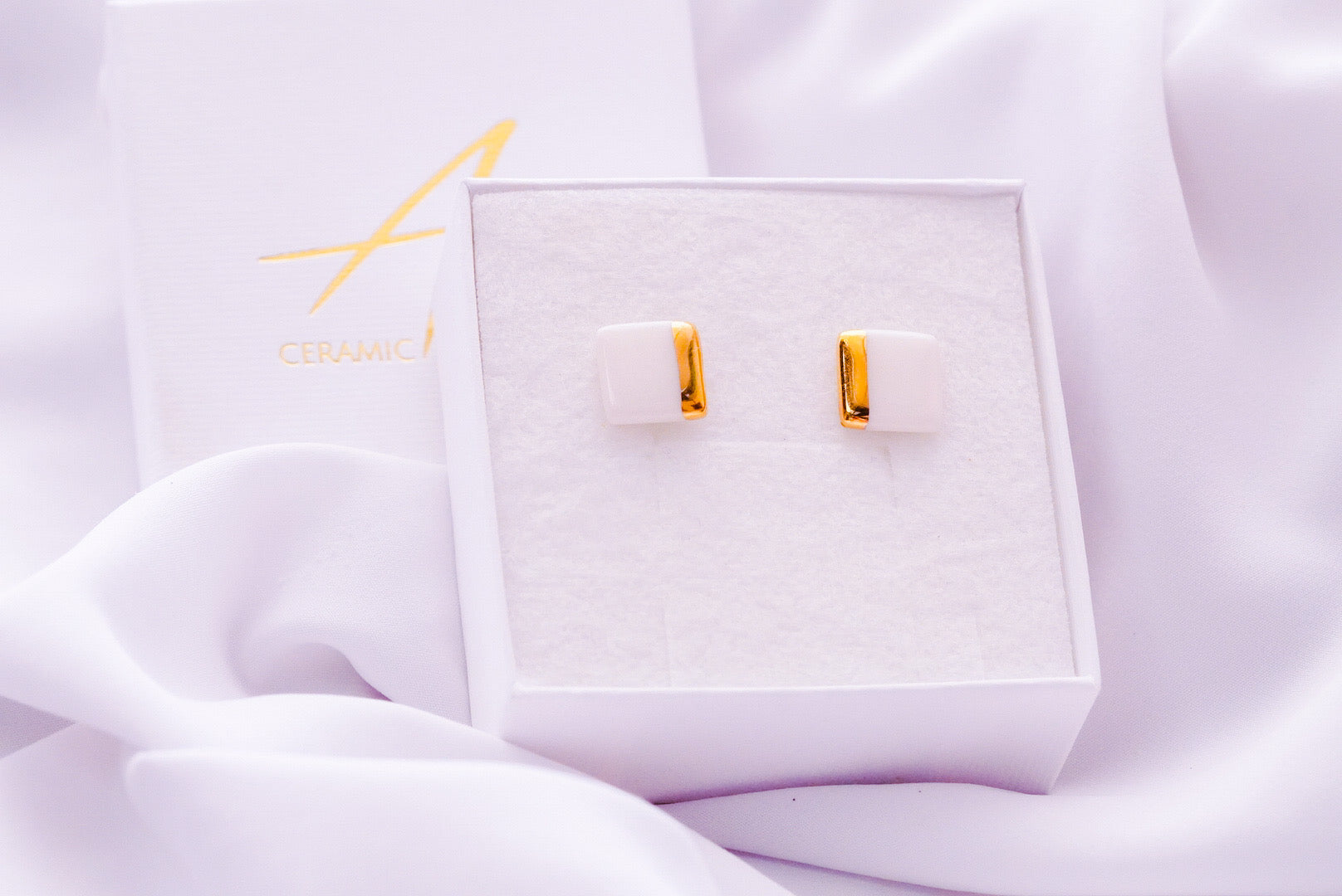 Square Earring in Pure White with Golden Lining